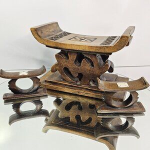 Vintage Ashanti Style Mini Wooden Stool Set 3 Piece Hand Carved Tribal Decor